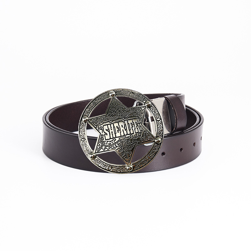 Ανδρική ζώνη από γνήσιο δέρμα, διπλό στρώμα μοσχαρίσιου δέρματος, αγκράφα σε στυλ σερίφη από χυτό μέταλλο, πλάτος 2–4 εκ.