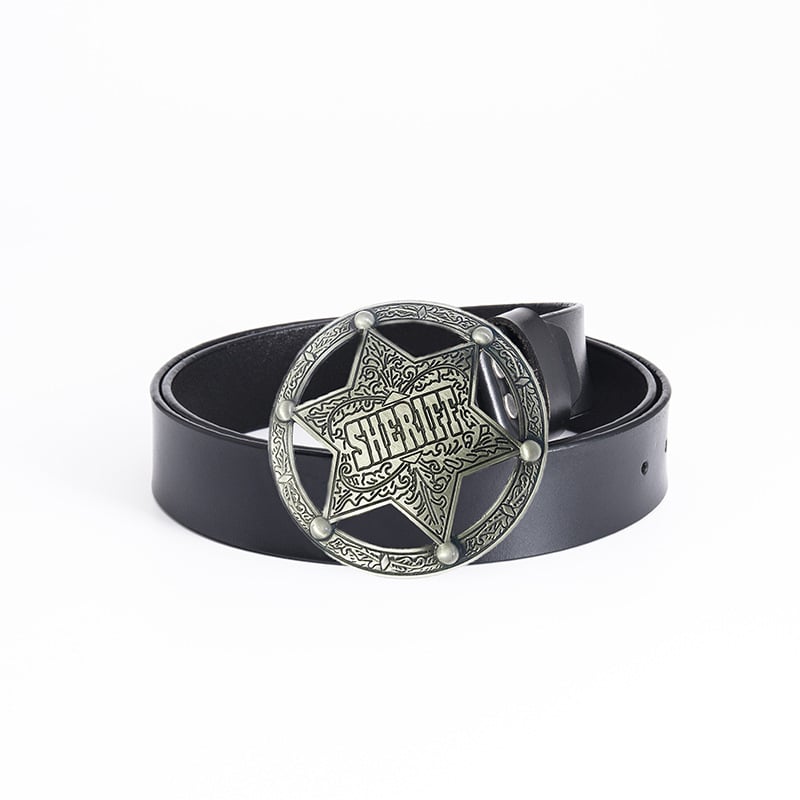 Ανδρική ζώνη από γνήσιο δέρμα, διπλό στρώμα μοσχαρίσιου δέρματος, αγκράφα σε στυλ σερίφη από χυτό μέταλλο, πλάτος 2–4 εκ.