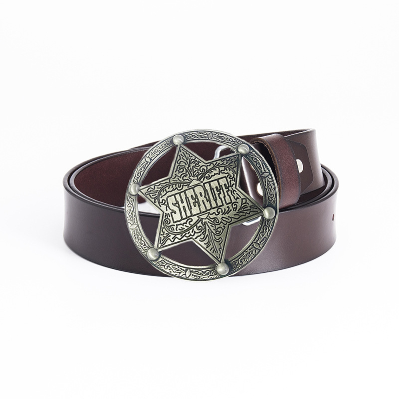 Ανδρική ζώνη από γνήσιο δέρμα, διπλό στρώμα μοσχαρίσιου δέρματος, αγκράφα σε στυλ σερίφη από χυτό μέταλλο, πλάτος 2–4 εκ.