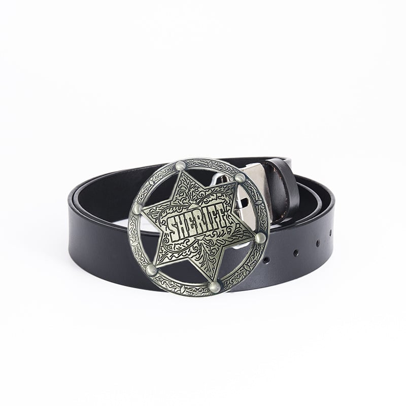 Ανδρική ζώνη από γνήσιο δέρμα, διπλό στρώμα μοσχαρίσιου δέρματος, αγκράφα σε στυλ σερίφη από χυτό μέταλλο, πλάτος 2–4 εκ.