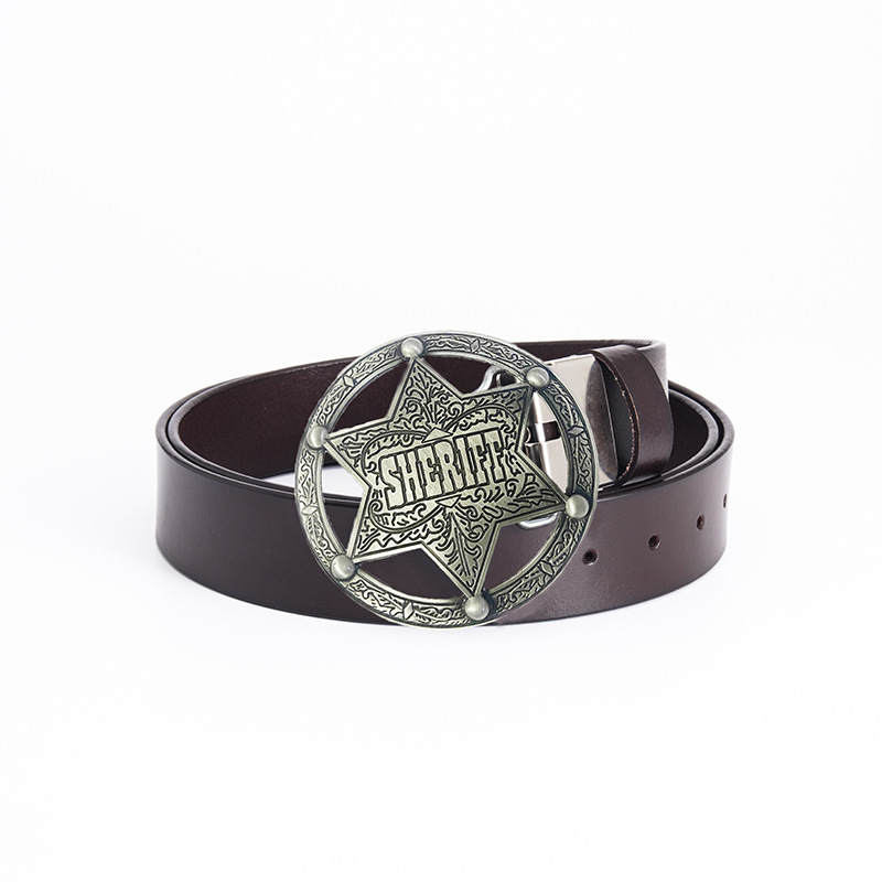 Ανδρική ζώνη από γνήσιο δέρμα, διπλό στρώμα μοσχαρίσιου δέρματος, αγκράφα σε στυλ σερίφη από χυτό μέταλλο, πλάτος 2–4 εκ.