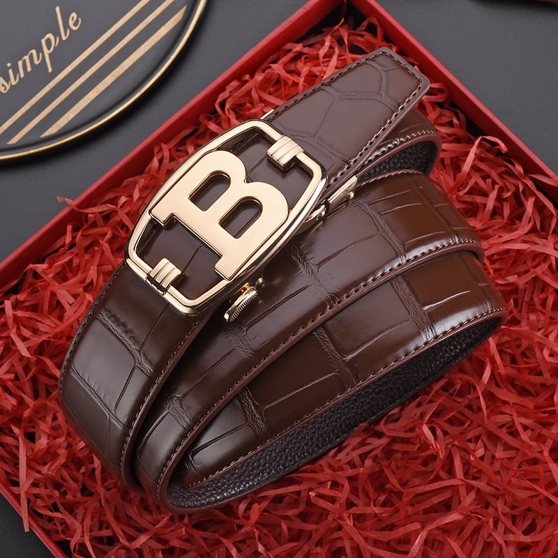 Ανδρική δερμάτινη ζώνη με αυτόματη αγκράφα, γνήσιο δέρμα, διπλού στρώματος αγελαδινό δέρμα, αγκράφα από κράμα, ηλεκτροπλατίωση