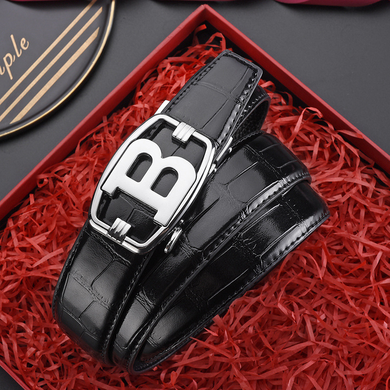 Ανδρική δερμάτινη ζώνη με αυτόματη αγκράφα, γνήσιο δέρμα, διπλού στρώματος αγελαδινό δέρμα, αγκράφα από κράμα, ηλεκτροπλατίωση