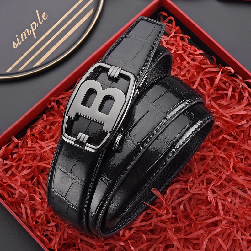 Ανδρική δερμάτινη ζώνη με αυτόματη αγκράφα, γνήσιο δέρμα, διπλού στρώματος αγελαδινό δέρμα, αγκράφα από κράμα, ηλεκτροπλατίωση