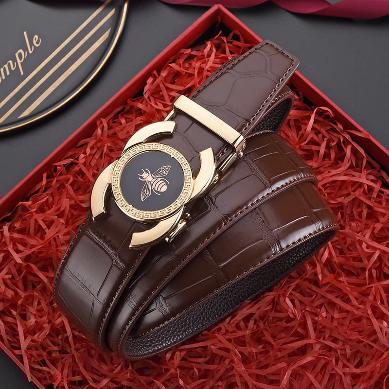 Ανδρική δερμάτινη ζώνη με αυτόματη αγκράφα, γνήσιο δέρμα, διπλού στρώματος αγελαδινό δέρμα, αγκράφα από κράμα, ηλεκτροπλατίωση