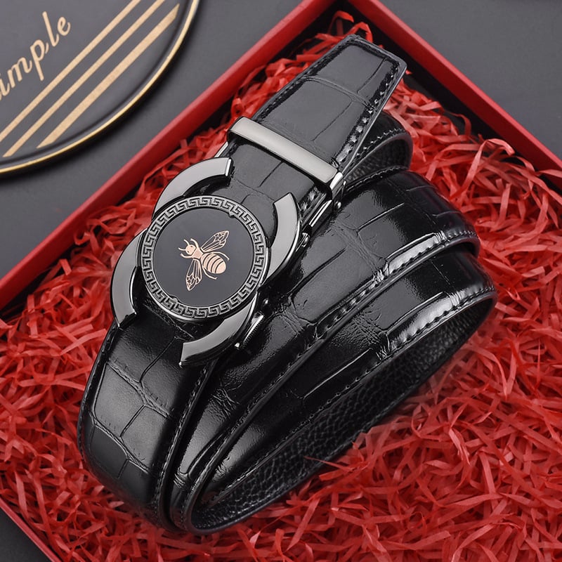 Ανδρική δερμάτινη ζώνη με αυτόματη αγκράφα, γνήσιο δέρμα, διπλού στρώματος αγελαδινό δέρμα, αγκράφα από κράμα, ηλεκτροπλατίωση