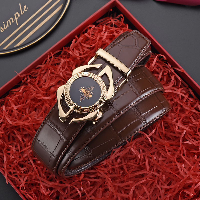 Ανδρική δερμάτινη ζώνη με αυτόματη αγκράφα, γνήσιο δέρμα, διπλού στρώματος αγελαδινό δέρμα, αγκράφα από κράμα, ηλεκτροπλατίωση