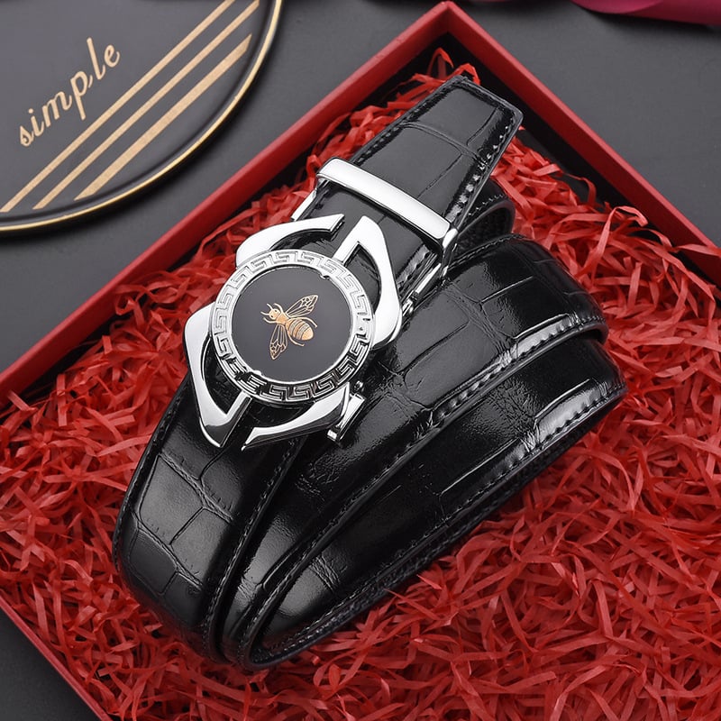 Ανδρική δερμάτινη ζώνη με αυτόματη αγκράφα, γνήσιο δέρμα, διπλού στρώματος αγελαδινό δέρμα, αγκράφα από κράμα, ηλεκτροπλατίωση