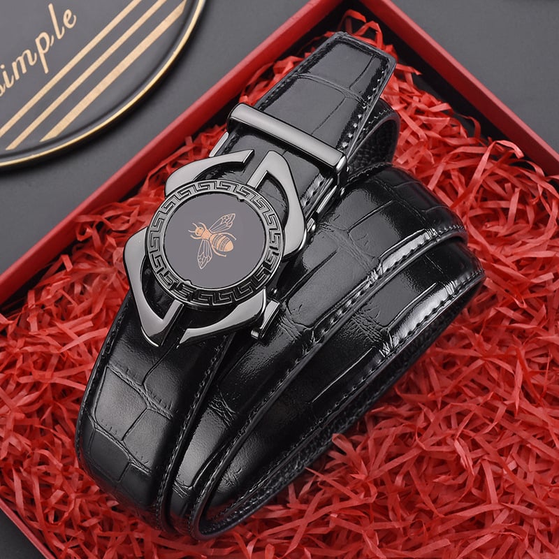 Ανδρική δερμάτινη ζώνη με αυτόματη αγκράφα, γνήσιο δέρμα, διπλού στρώματος αγελαδινό δέρμα, αγκράφα από κράμα, ηλεκτροπλατίωση