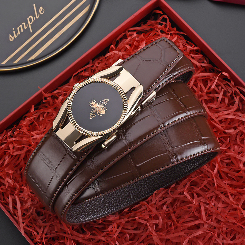 Ανδρική δερμάτινη ζώνη με αυτόματη αγκράφα, γνήσιο δέρμα, διπλού στρώματος αγελαδινό δέρμα, αγκράφα από κράμα, ηλεκτροπλατίωση