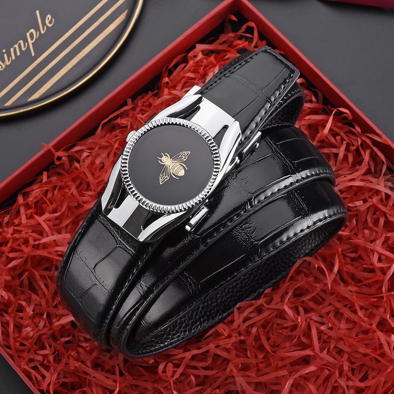 Ανδρική δερμάτινη ζώνη με αυτόματη αγκράφα, γνήσιο δέρμα, διπλού στρώματος αγελαδινό δέρμα, αγκράφα από κράμα, ηλεκτροπλατίωση