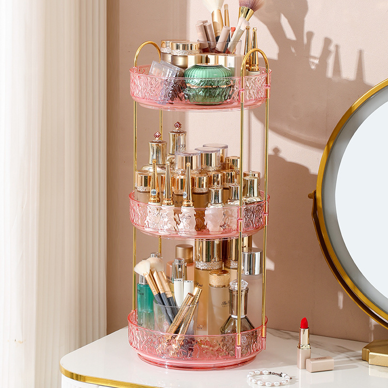 Organizator cosmetic rotativ - 3 etaje, montat pe birou, din plastic, stil lux discret
