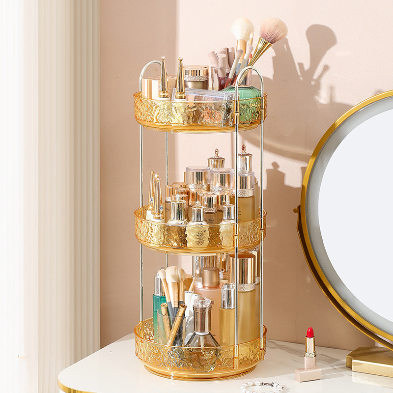 Organizator cosmetic rotativ - 3 etaje, montat pe birou, din plastic, stil lux discret