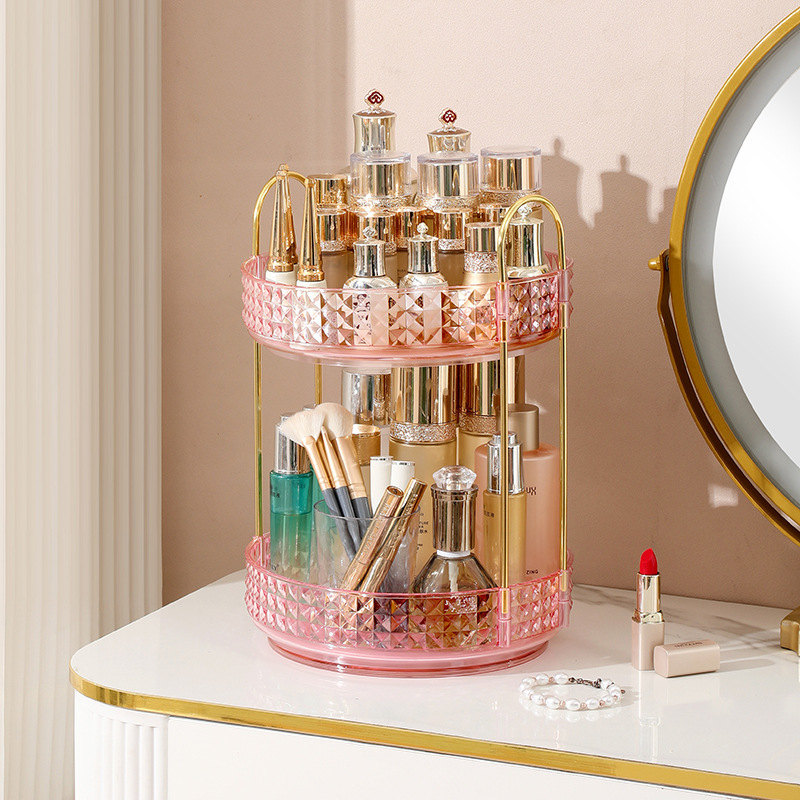 Organizator cosmetic rotativ - 3 etaje, montat pe birou, din plastic, stil lux discret