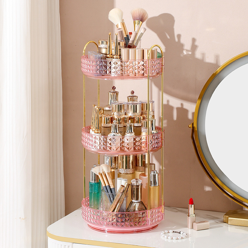 Organizator cosmetic rotativ - 3 etaje, montat pe birou, din plastic, stil lux discret