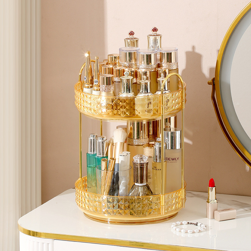Organizator cosmetic rotativ - 3 etaje, montat pe birou, din plastic, stil lux discret