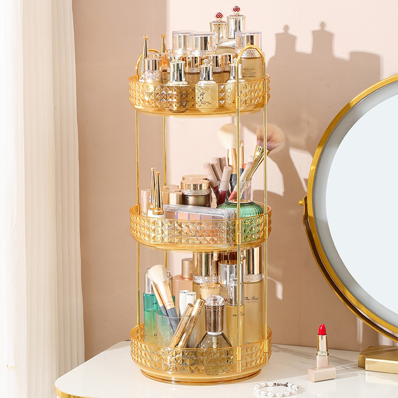 Organizator cosmetic rotativ - 3 etaje, montat pe birou, din plastic, stil lux discret