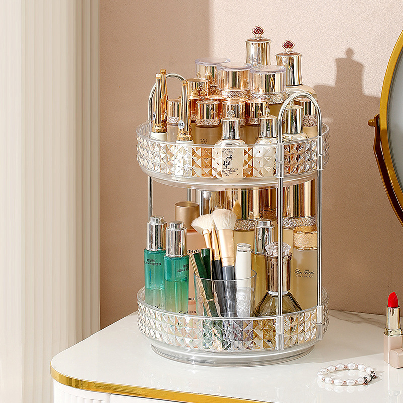 Organizator cosmetic rotativ - 3 etaje, montat pe birou, din plastic, stil lux discret