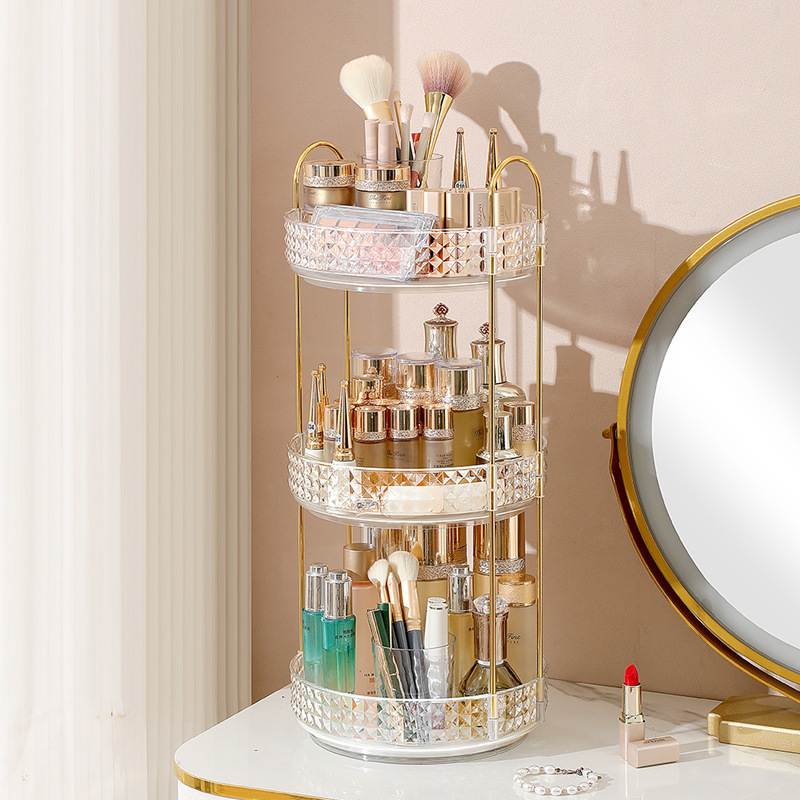 Organizator cosmetic rotativ - 3 etaje, montat pe birou, din plastic, stil lux discret
