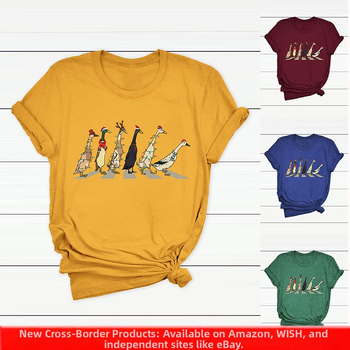 Γυναικείο T-shirt από CVC βαμβάκι - φλοράλ εκτύπωση, κοντά μανίκια, στρογγυλό λαιμό, χαλαρή γραμμή, street hipster στυλ