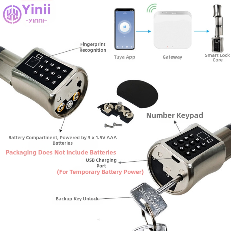 Yingni Yn45 Умна Bluetooth брава за дървена вътрешна врата - неръждаема стомана, отключване чрез пръстов отпечатък, парола, карта и приложение