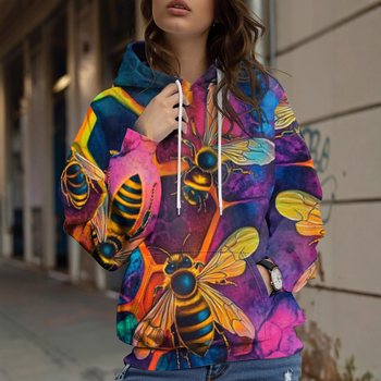 Φούτερ με κουκούλα με floral honeybee print, 3D εφέ, φαρδιά γραμμή, Air Layer ύφασμα, 70-80% πολυεστέρα