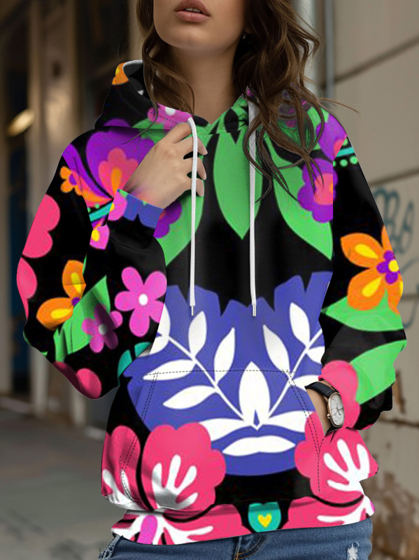 Φούτερ με κουκούλα με floral honeybee print, 3D εφέ, φαρδιά γραμμή, Air Layer ύφασμα, 70-80% πολυεστέρα