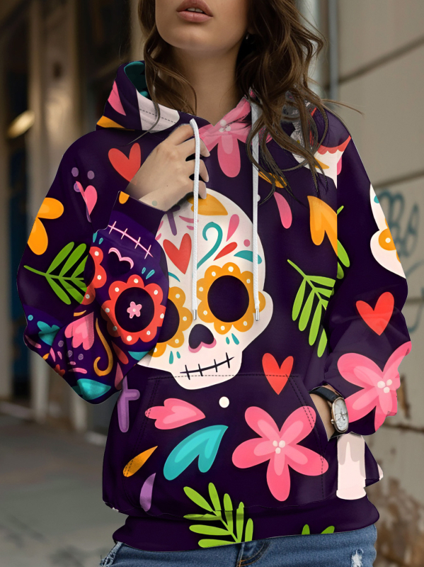 Φούτερ με κουκούλα με floral honeybee print, 3D εφέ, φαρδιά γραμμή, Air Layer ύφασμα, 70-80% πολυεστέρα