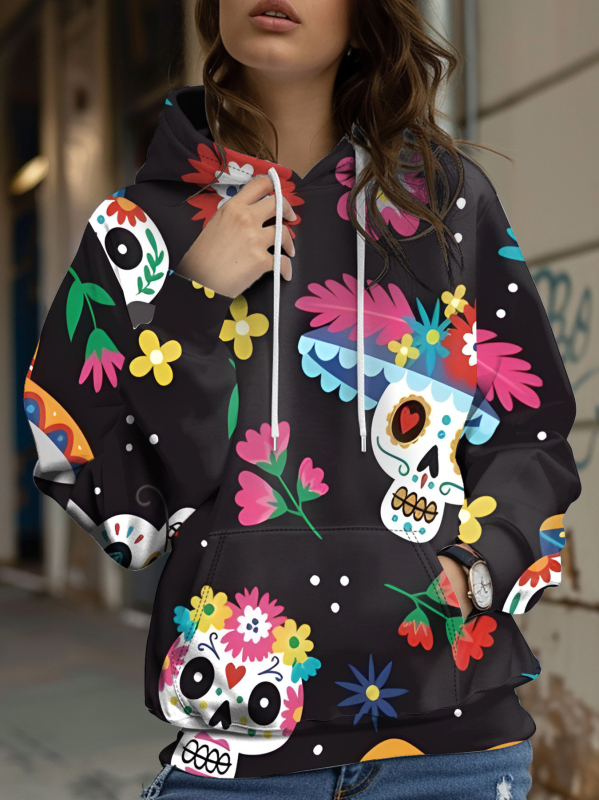 Φούτερ με κουκούλα με floral honeybee print, 3D εφέ, φαρδιά γραμμή, Air Layer ύφασμα, 70-80% πολυεστέρα