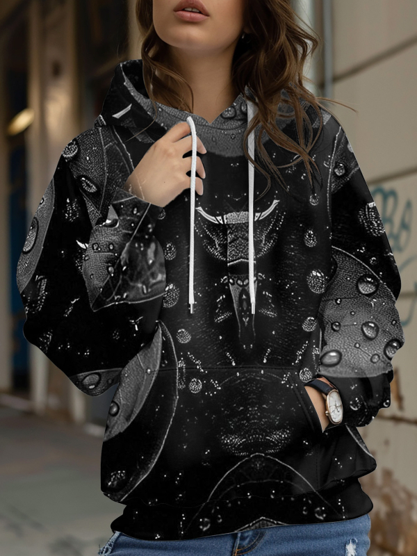 Φούτερ με κουκούλα με floral honeybee print, 3D εφέ, φαρδιά γραμμή, Air Layer ύφασμα, 70-80% πολυεστέρα