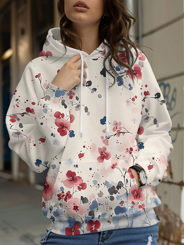 Φούτερ με κουκούλα με floral honeybee print, 3D εφέ, φαρδιά γραμμή, Air Layer ύφασμα, 70-80% πολυεστέρα