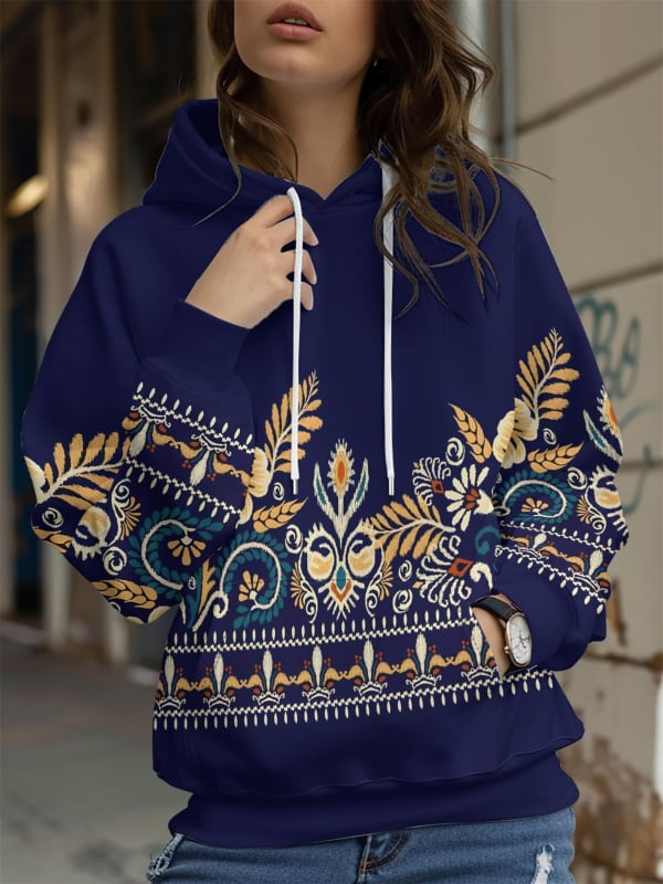 Φούτερ με κουκούλα με floral honeybee print, 3D εφέ, φαρδιά γραμμή, Air Layer ύφασμα, 70-80% πολυεστέρα