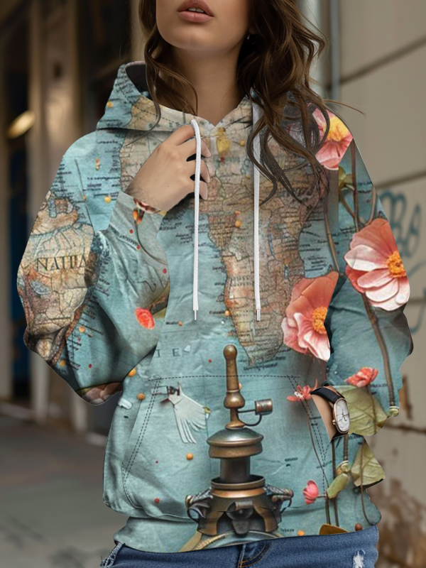 Φούτερ με κουκούλα με floral honeybee print, 3D εφέ, φαρδιά γραμμή, Air Layer ύφασμα, 70-80% πολυεστέρα