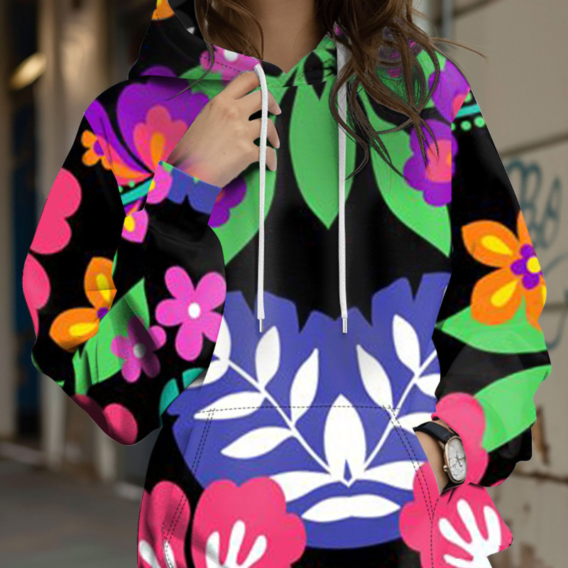 Φούτερ με κουκούλα με floral honeybee print, 3D εφέ, φαρδιά γραμμή, Air Layer ύφασμα, 70-80% πολυεστέρα