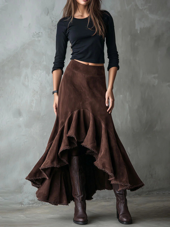 Φούστα με ψηλή μέση σε Α-γραμμή, βελούρι με βουρτσιστή υφή, μονόχρωμη, πολυεστέρας 81–90%, φθινόπωρο 2025, street style