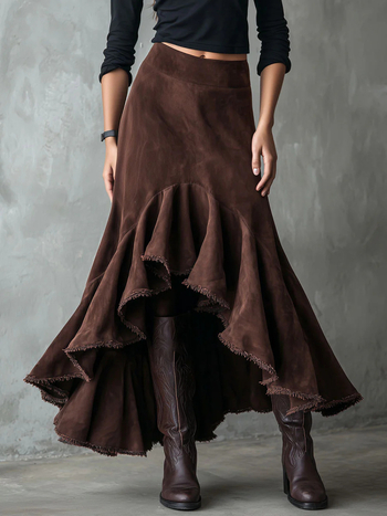 Φούστα με ψηλή μέση σε Α-γραμμή, βελούρι με βουρτσιστή υφή, μονόχρωμη, πολυεστέρας 81–90%, φθινόπωρο 2025, street style