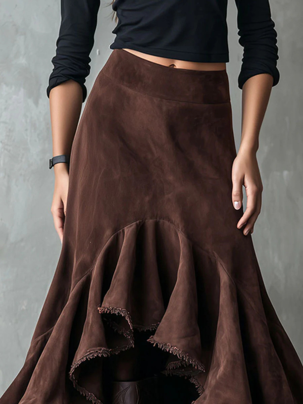 Φούστα με ψηλή μέση σε Α-γραμμή, βελούρι με βουρτσιστή υφή, μονόχρωμη, πολυεστέρας 81–90%, φθινόπωρο 2025, street style