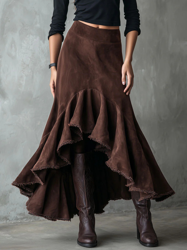 Φούστα με ψηλή μέση σε Α-γραμμή, βελούρι με βουρτσιστή υφή, μονόχρωμη, πολυεστέρας 81–90%, φθινόπωρο 2025, street style