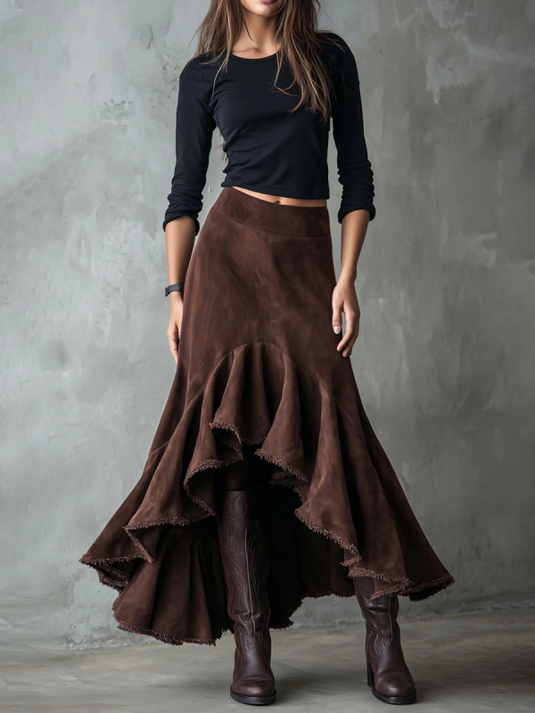 Φούστα με ψηλή μέση σε Α-γραμμή, βελούρι με βουρτσιστή υφή, μονόχρωμη, πολυεστέρας 81–90%, φθινόπωρο 2025, street style