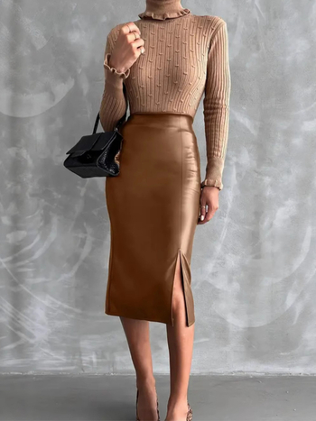 PU кожена пола с висока талия, bodycon, полу-дълга, елегантен стил