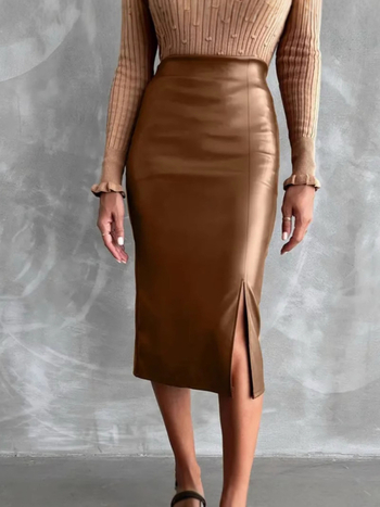 PU кожена пола с висока талия, bodycon, полу-дълга, елегантен стил