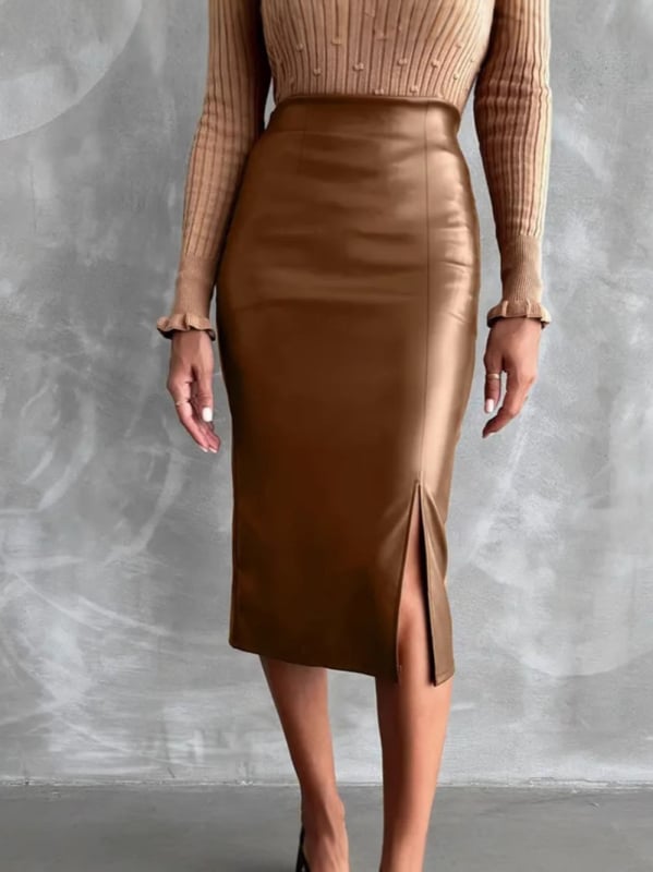 PU bőrhatású szoknya, magas derekú, testhez simuló, midi hosszú, elegáns stílus