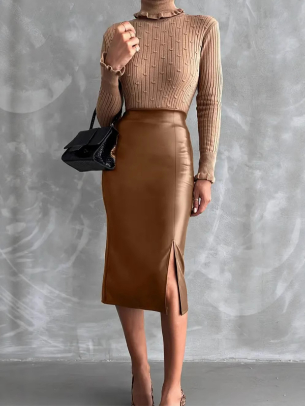 PU δερμάτινη φούστα με ψηλόμεση γραμμή, εφαρμοστή, μεσαίου μήκους, κομψό στυλ