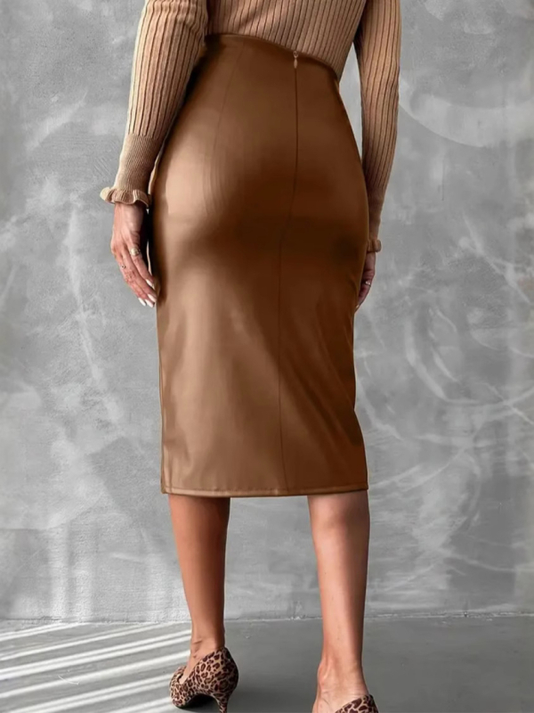 PU δερμάτινη φούστα με ψηλόμεση γραμμή, εφαρμοστή, μεσαίου μήκους, κομψό στυλ