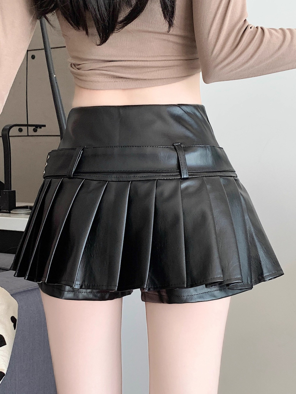 PU plisirana suknja A-linije, kratka, visok pas, jednobojna, nabran tkanina