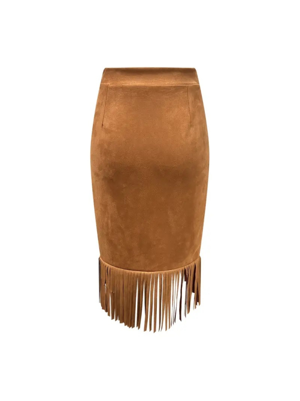 Φούστα με ασύμμετρο τελείωμα σε φούντες, αέρινη μίντι γραμμή, πολυεστέρα-σπαντεξ μίξη, ελαφριά ελαστικότητα, κομψό ύφος