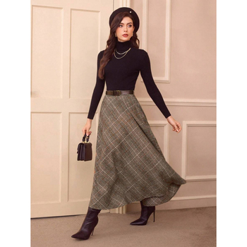 Γυναικεία φούστα με υψηλή μέση, καρό μοτίβο και τσέπες, casual στυλ, ύφασμα CVC βαμβάκι, E79900, άνοιξη 2022