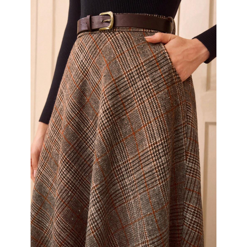 Sieviešu augsta vidukļa brīvā laika svārki ar kabatām, režģa raksts, kokvilnas-CVC audums, E79900, 2022. gada pavasaris