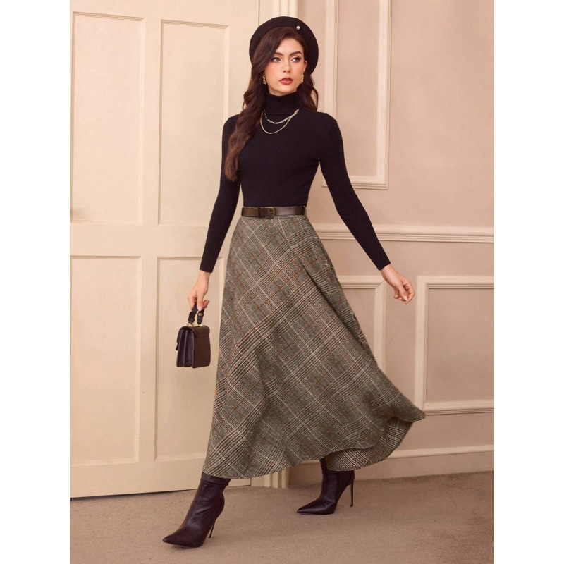 Sieviešu augsta vidukļa brīvā laika svārki ar kabatām, režģa raksts, kokvilnas-CVC audums, E79900, 2022. gada pavasaris