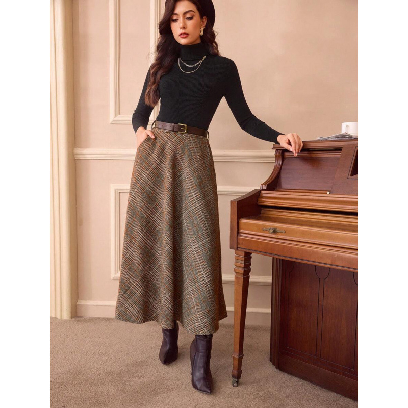 Sieviešu augsta vidukļa brīvā laika svārki ar kabatām, režģa raksts, kokvilnas-CVC audums, E79900, 2022. gada pavasaris